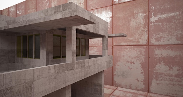 Abstract architectural concrete and rusted metal interior of a minimalist house