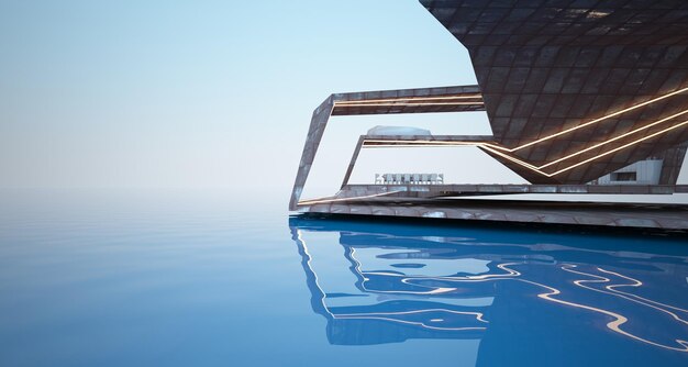Foto cemento architettonico astratto e metallo arrugginito di una moderna villa sul mare con piscina