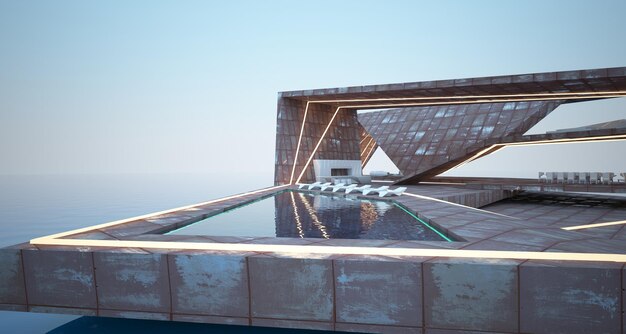 Abstract architectural concrete and rusted metal of a modern villa on the sea with swimming pool