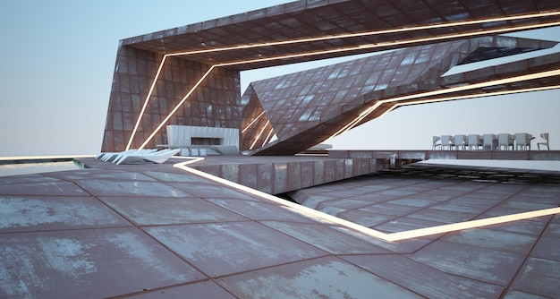 Abstract architectural concrete and rusted metal of a modern villa on the sea with swimming pool