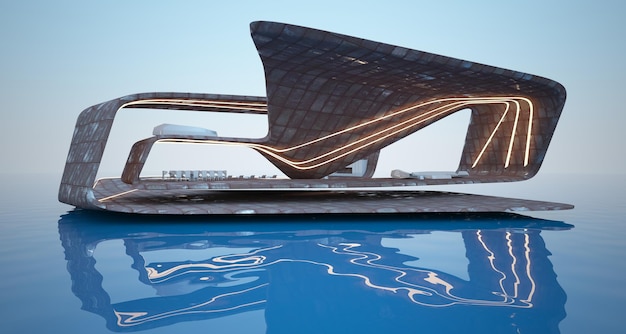 Abstract architectural concrete and rusted metal of a modern villa on the sea with swimming pool