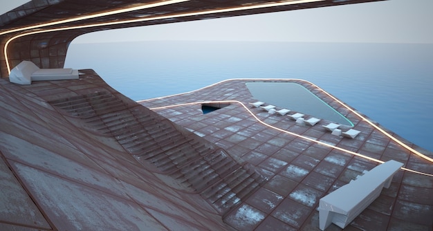 Abstract architectural concrete and rusted metal of a modern villa on the sea with swimming pool