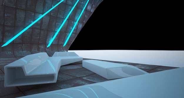 Абстрактный архитектурный бетон и ржавый металл современной виллы с цветным неоновым освещением 3D