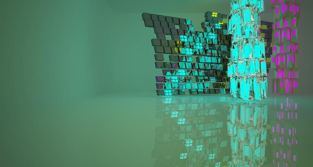 抽象的な建築コンクリートの滑らかなインテリアのミニマリストの家とカラーグラディエントのネオン