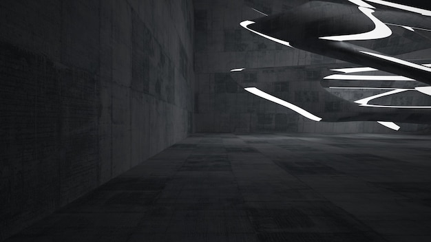 Абстрактный архитектурный бетонный гладкий интерьер минималистского дома с неоновым освещением 3D