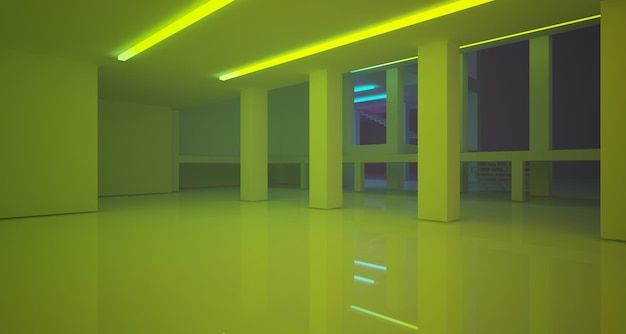 Photo abstract architectural concrete and white interior of a minimalist house with color gradient neon
