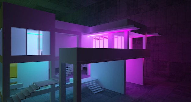 Abstract architectural concrete and white interior of a minimalist house with color gradient neon