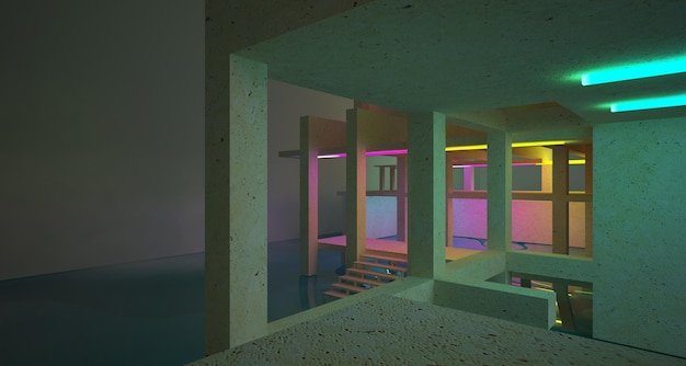 Abstract architectural concrete and white interior of a minimalist house with color gradient neon