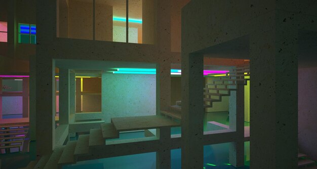 Abstract architectural concrete and white interior of a minimalist house with color gradient neon