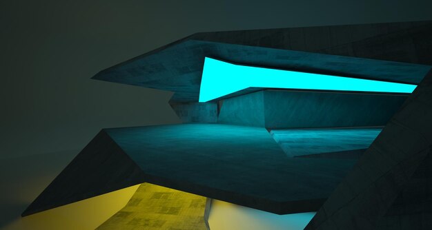 Abstract architectural concrete and white interior of a minimalist house with color gradient neon