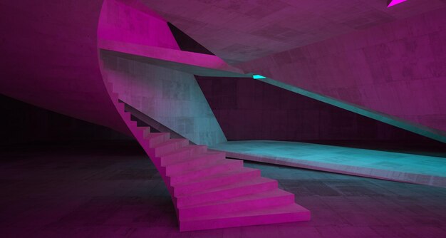 Abstract architectural concrete and white interior of a minimalist house with color gradient neon