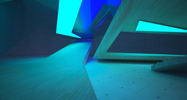 Abstract architectural concrete and white interior of a minimalist house with color gradient neon