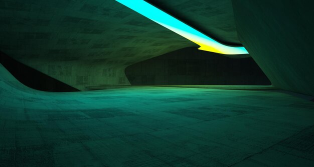 Abstract architectural concrete and white interior of a minimalist house with color gradient neon