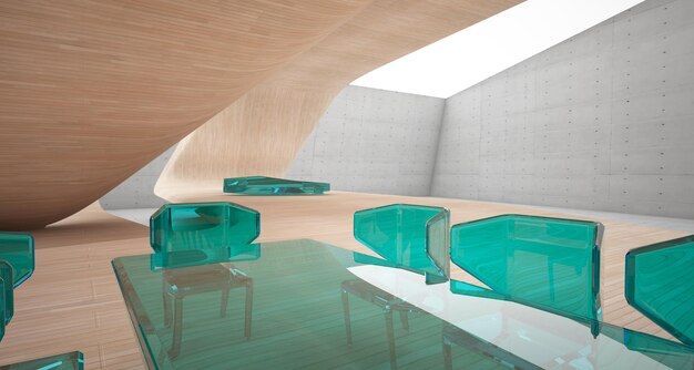 Foto interno architettonico astratto in legno di cemento e vetro di una villa moderna con luci al neon colorate