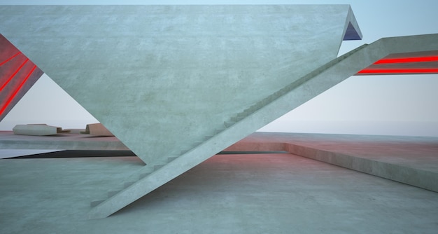 Абстрактный архитектурный бетонный интерьер из дерева и стекла современной виллы с цветным неоновым светом