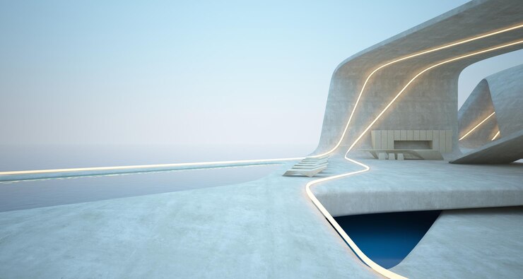 Photo abstract architectural concrete wood and glass interior of a modern villa with colored neon