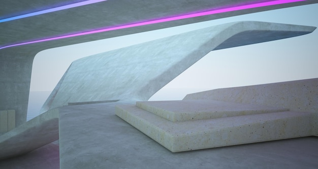 Абстрактный архитектурный бетонный интерьер из дерева и стекла современной виллы с цветным неоном