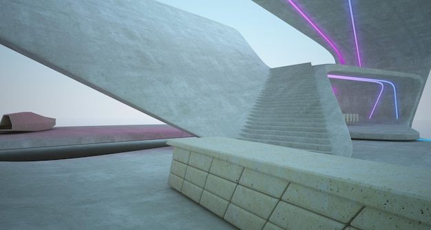 Абстрактный архитектурный бетонный интерьер из дерева и стекла современной виллы с цветным неоном
