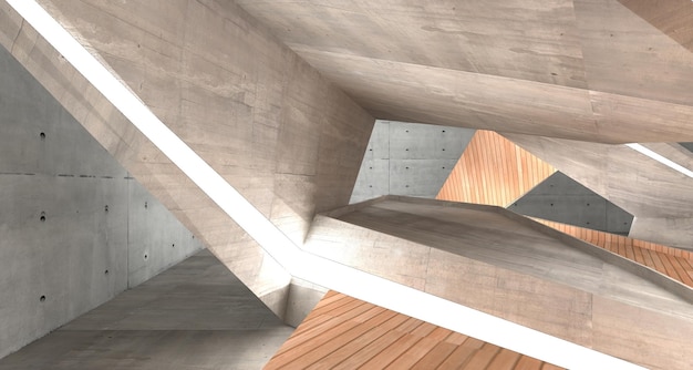 Abstract architectural concrete wood and glass smooth interior of a minimalist house