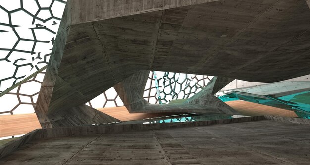 Abstract architectural concrete wood and glass smooth interior of a minimalist house