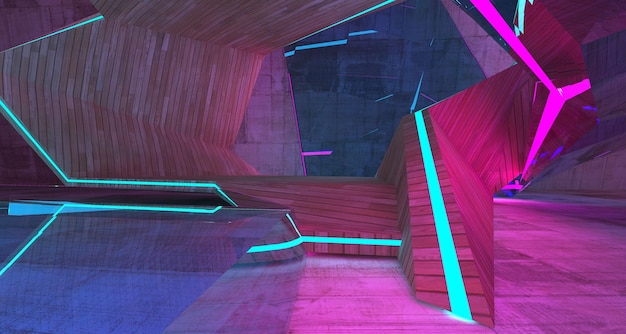 Abstract architectural concrete and wood interior of a minimalist house with color gradient neon