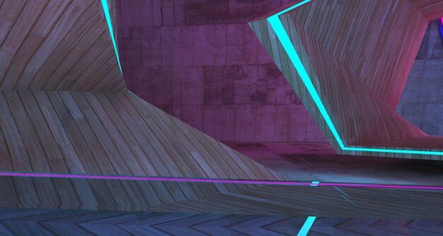 Abstract architectural concrete and wood interior of a minimalist house with color gradient neon