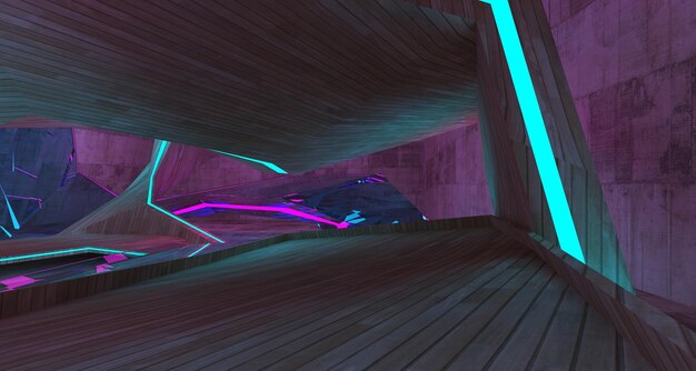 Abstract architectural concrete and wood interior of a minimalist house with color gradient neon