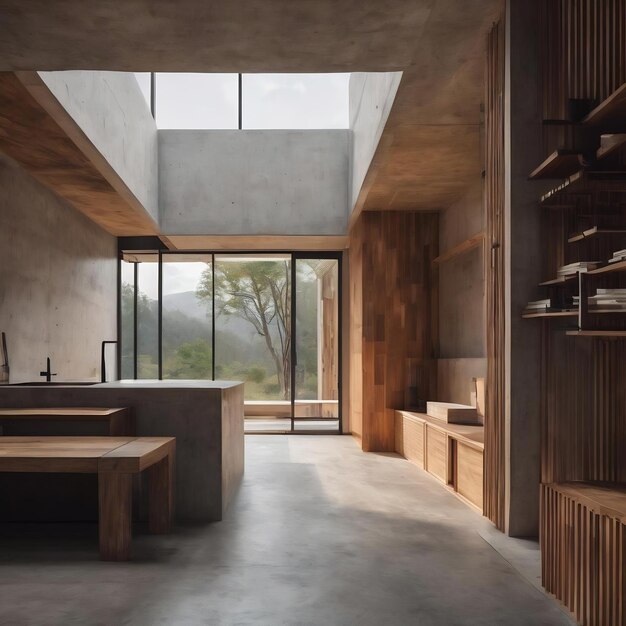 Abstract architectural concrete and wood smooth interior of a minimalist house with color