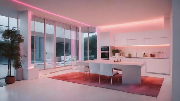 Abstract architectural drawing white interior of a minimalist house with color gradient neon lightin