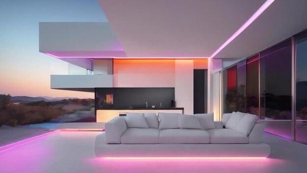 Abstract architectural drawing white interior of a minimalist house with color gradient neon lightin