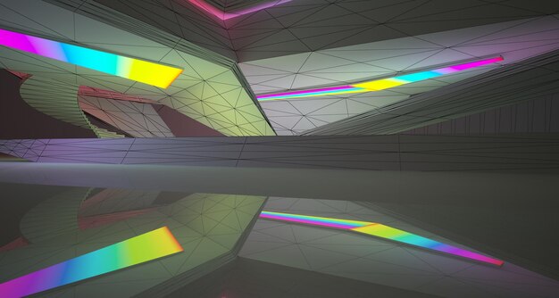 Abstract architectural drawing white interior of a minimalist house with color gradient neon