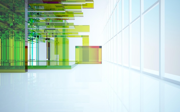 Абстрактный архитектурный стеклянный градиент цвета интерьера минималистского дома с большими окнами 3D