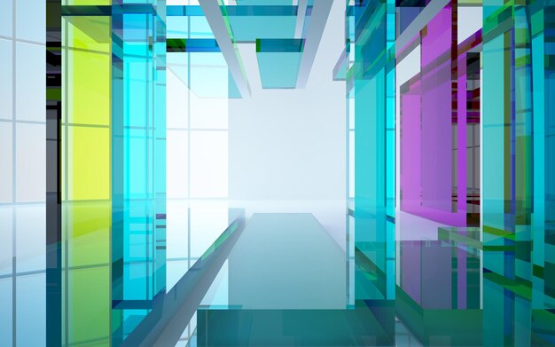 Abstract architectural glass gradient color interior of a minimalist house with large windows 3D