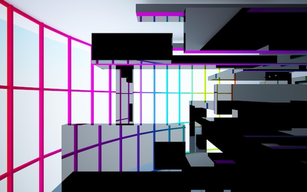 Abstract architectural glass gradient color interior of a minimalist house with large windows 3d