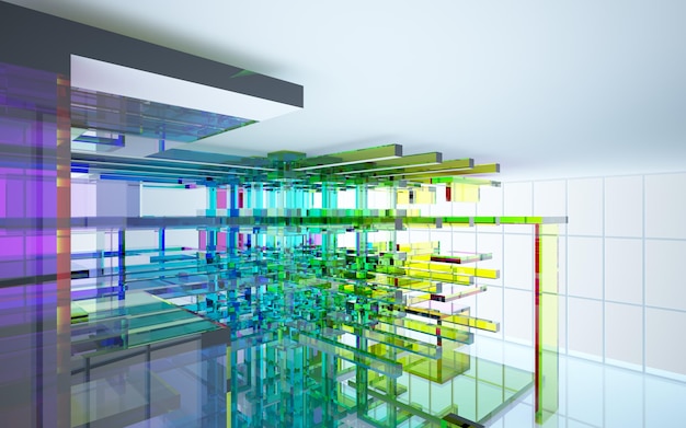 대형 창문 3D가 있는 미니멀리스트 주택의 추상적인 건축 유리 그라데이션 색상 인테리어