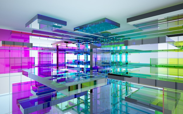 Abstract architectural glass gradient color interior of a minimalist house with large windows 3D