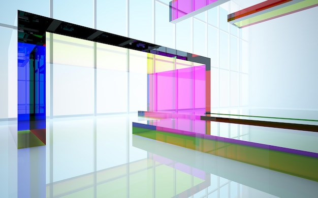 Abstract architectural glass gradient color interior of a minimalist house with large windows 3D