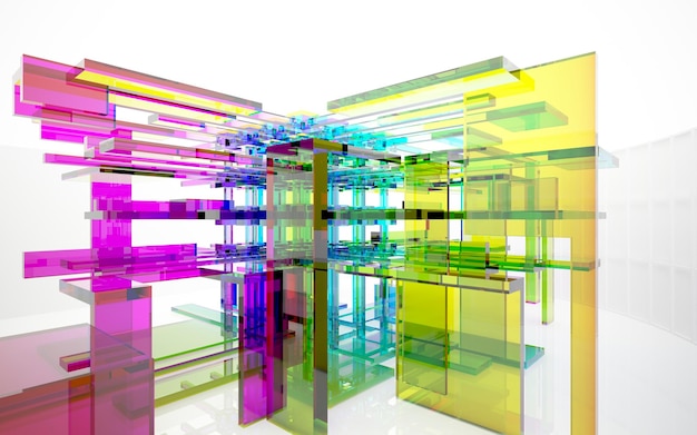 Abstract architectural glass gradient color interior of a minimalist house with large windows 3D