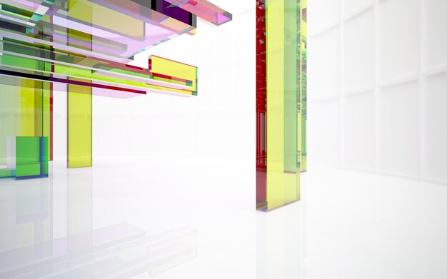 Abstract architectural glass gradient color interior of a minimalist house with large windows 3D