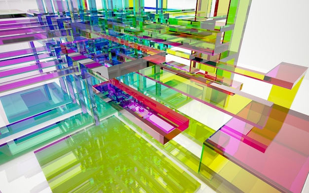 Abstract architectural glass gradient color interior of a minimalist house with large windows 3D