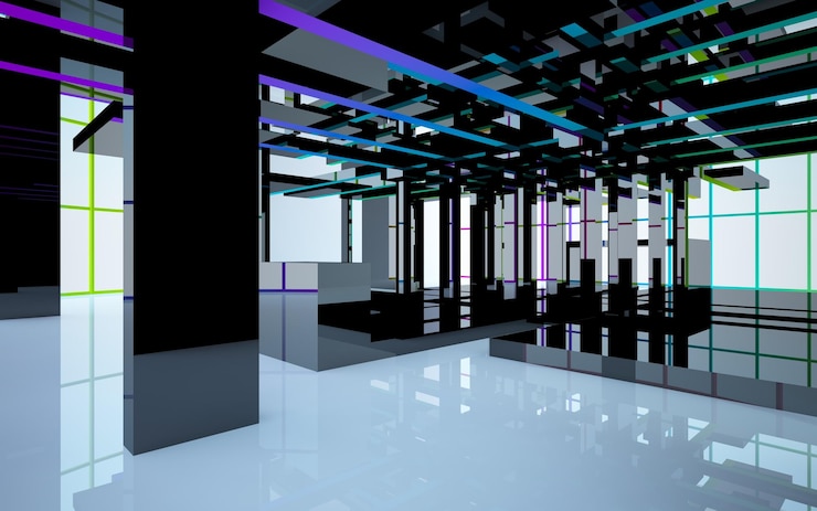 Photo abstract architectural glass gradient color interior of a minimalist house with large windows 3d