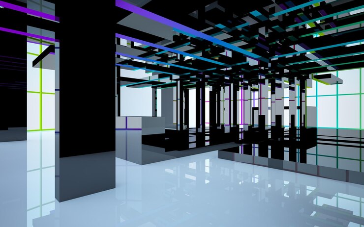 Photo abstract architectural glass gradient color interior of a minimalist house with large windows 3d