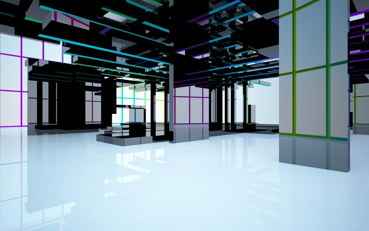 Photo abstract architectural glass gradient color interior of a minimalist house with large windows 3d