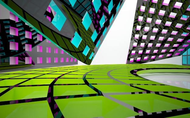 abstract architectural interior with colored smooth glass sculpture with black lines 3D illustratio
