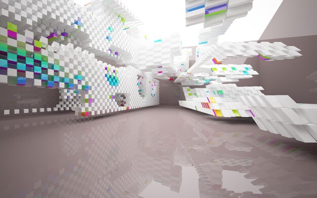 abstract architectural interior with colored smooth glass sculpture with black lines 3D illustratio