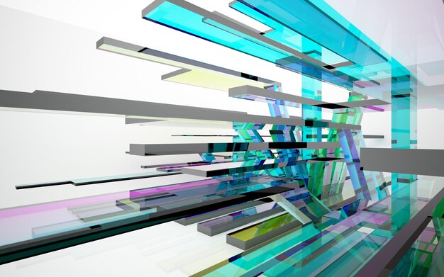 Photo abstract architectural interior with colored smooth glass sculpture with black lines 3d illustratio