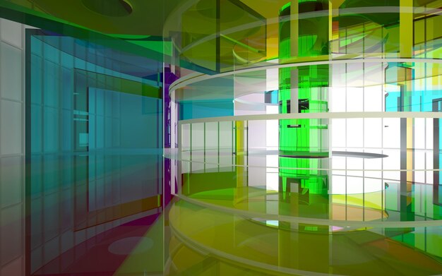 abstract architectural interior with gradient geometric glass sculpture with black lines 3D