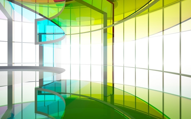 abstract architectural interior with gradient geometric glass sculpture with black lines 3D