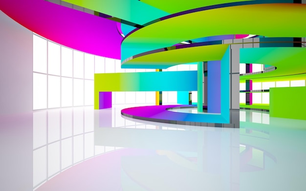 abstract architectural interior with gradient geometric glass sculpture with black lines 3D