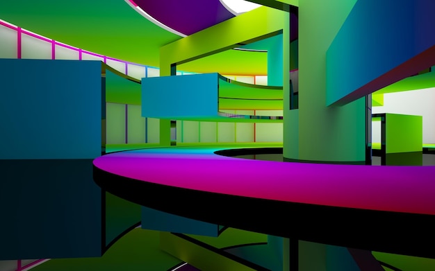 abstract architectural interior with gradient geometric glass sculpture with black lines 3D